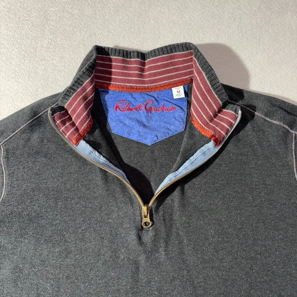Robert Graham Pullover Mens Medium Gray 1/4 Zip Sweater Contrast Stitch Peru